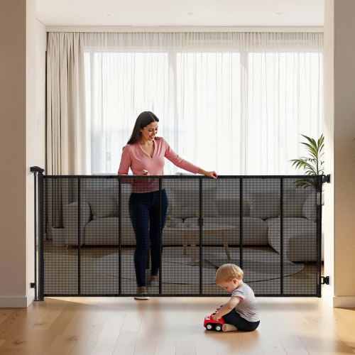 Retractable Baby Gate, Extends to 120 inch Extra Wide, 38.5 inch Tall, with Reinforced Fiberglass Strips, Avoids Crawling Through, Mesh Dog Gate for Decks, Doorways, Garages, Indoor, Black