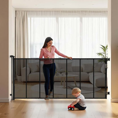 Retractable Baby Gate, Extends to 120 inch Extra Wide, 38.5 inch Tall, with Reinforced Fiberglass Strips, Avoids Crawling Through, Mesh Dog Gate for Decks, Doorways, Garages, Indoor, Black