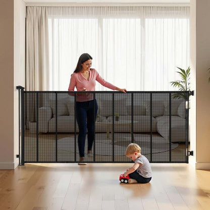 Retractable Baby Gate, Extends to 202.7 inch Extra Wide, 39 inch Tall, with Reinforced Fiberglass Strips, Avoids Crawling Through, Mesh Dog Gate for Decks, Doorways, Garages, Indoor, Black