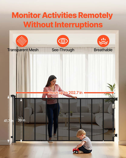 Retractable Baby Gate, Extends to 202.7 inch Extra Wide, 39 inch Tall, with Reinforced Fiberglass Strips, Avoids Crawling Through, Mesh Dog Gate for Decks, Doorways, Garages, Indoor, Black