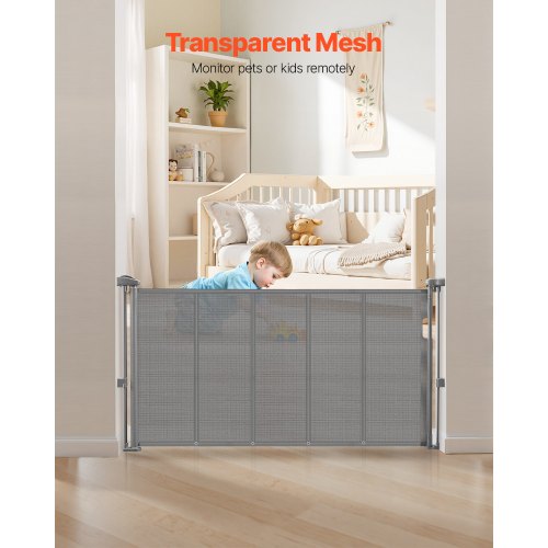 Retractable Baby Gate 870 mm High Extendable to 1400 mm Width Children Pets Grey