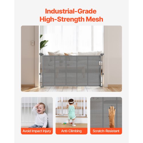 Retractable Baby Gate 870 mm High Extendable to 1400 mm Width Children Pets Grey