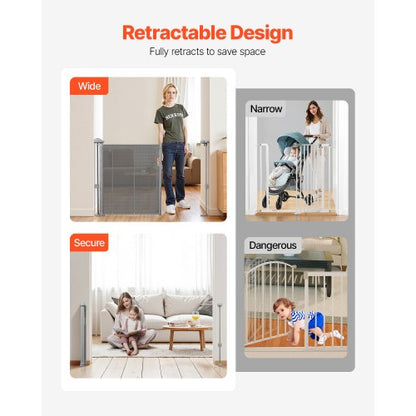 Retractable Baby Gate 870 mm High Extendable to 1400 mm Width Children Pets Grey
