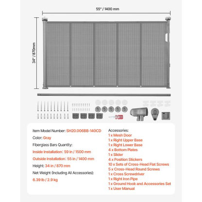 Retractable Baby Gate 870 mm High Extendable to 1400 mm Width Children Pets Grey