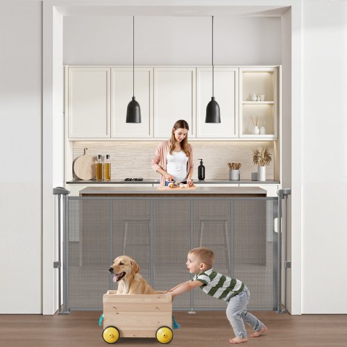 Retractable Baby Gate 870 mm High Extendable to 1400 mm Width Children Pets Grey