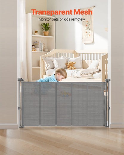 Retractable Baby Gate, 34 inch Tall, Extends up to 55 inch Wide, Retractable Gate for Kids or Pets, Mesh Material, Easy to Install for Indoor Stairs, Doorways, Hallways, Playrooms, Gray