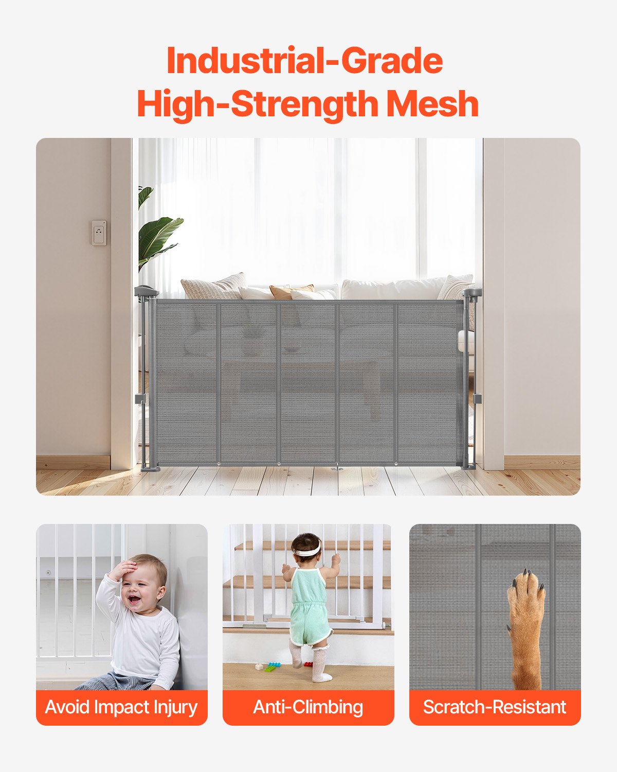 Retractable Baby Gate, 34 inch Tall, Extends up to 55 inch Wide, Retractable Gate for Kids or Pets, Mesh Material, Easy to Install for Indoor Stairs, Doorways, Hallways, Playrooms, Gray