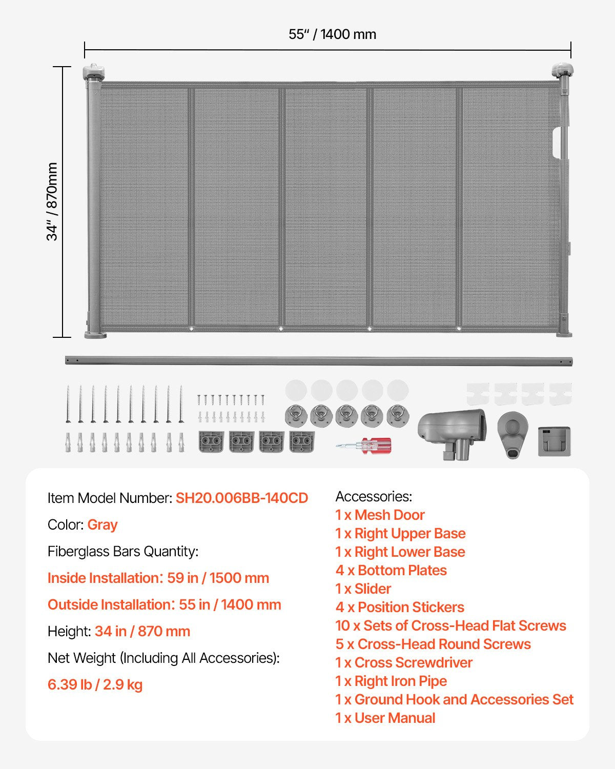 Retractable Baby Gate, 34 inch Tall, Extends up to 55 inch Wide, Retractable Gate for Kids or Pets, Mesh Material, Easy to Install for Indoor Stairs, Doorways, Hallways, Playrooms, Gray