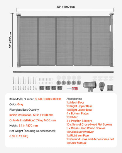 Retractable Baby Gate, 34 inch Tall, Extends up to 55 inch Wide, Retractable Gate for Kids or Pets, Mesh Material, Easy to Install for Indoor Stairs, Doorways, Hallways, Playrooms, Gray