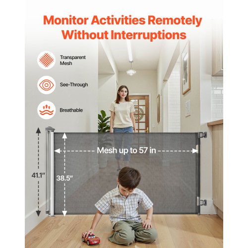 Infällbar Barngrind, Utdragbar till 1450 mm Bredd, 980 mm Hög, Med Säkerhetslås, Lätt att Använda, Gå Genom Utan Att Snubbla, Nätgrind För Hundtrappor, Hallar, Inomhus/Utomhus, Grå |  EU
