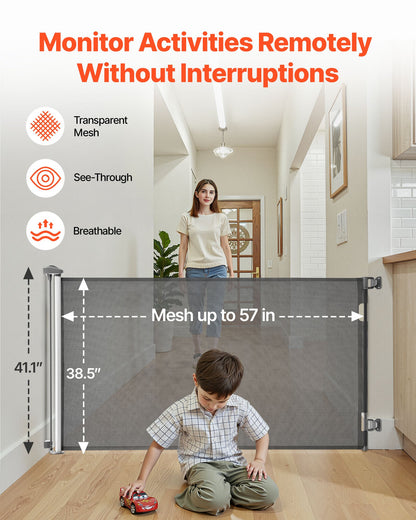 Retractable Baby Gate, Extends to 57 inch Wide, 38.5 inch Tall, with Security Lock, Easy to Use, Walk Through Without Tripping, Mesh Dog Gate for Stairs, Hallways, Indoor/Outdoor, Gray
