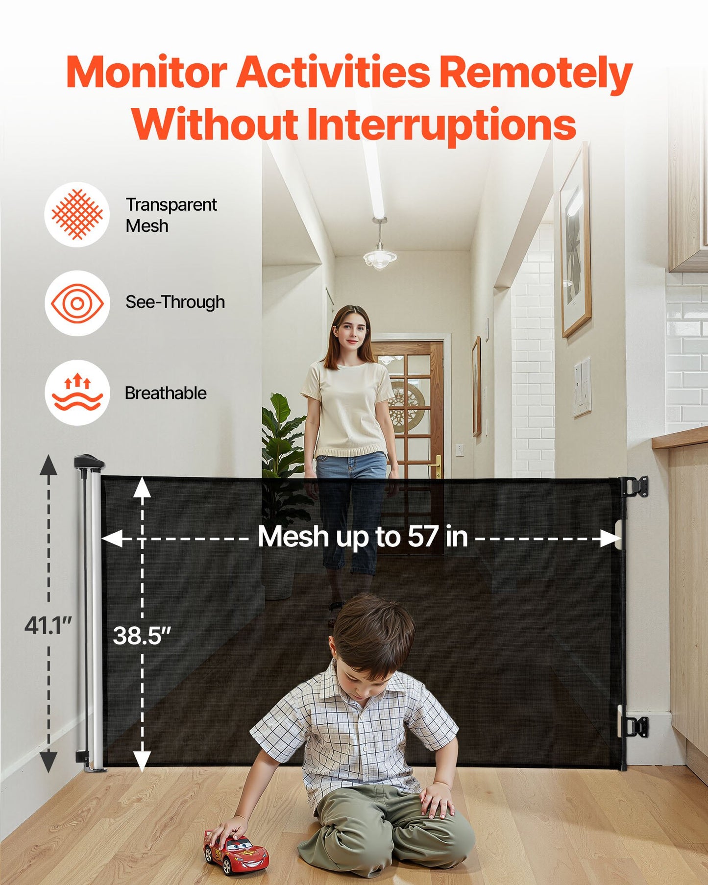 Retractable Baby Gate, Extends to 57 inch Wide, 38.5 inch Tall, with Security Lock, Easy to Use, Walk Through Without Tripping, Mesh Dog Gate for Stairs, Hallways, Indoor/Outdoor, Black