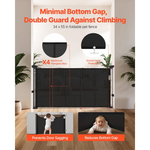 Retractable Baby Gate 870 mm High Extendable to 1400 mm Width Children Pets Black