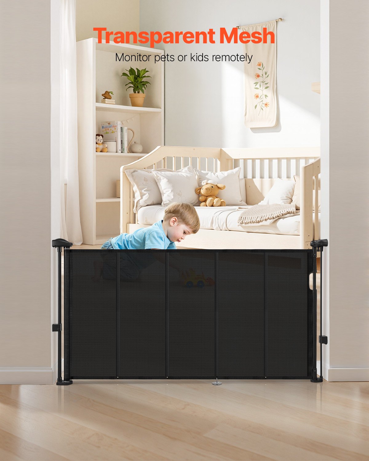 Retractable Baby Gate, 34 inch Tall, Extends up to 55 inch Wide, Retractable Gate for Kids or Pets, Mesh Material, Easy to Install for Indoor Stairs, Doorways, Hallways, Playrooms, Black