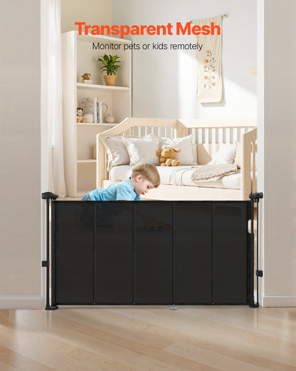 Retractable Baby Gate, 34 inch Tall, Extends up to 55 inch Wide, Retractable Gate for Kids or Pets, Mesh Material, Easy to Install for Indoor Stairs, Doorways, Hallways, Playrooms, Black