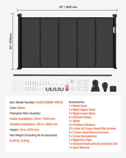 Retractable Baby Gate, 34 inch Tall, Extends up to 55 inch Wide, Retractable Gate for Kids or Pets, Mesh Material, Easy to Install for Indoor Stairs, Doorways, Hallways, Playrooms, Black