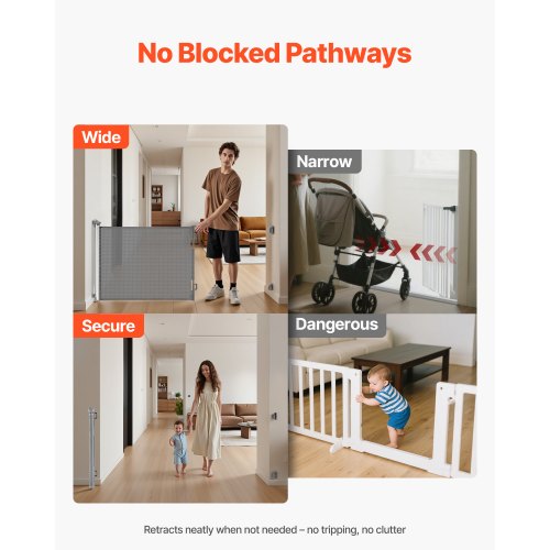 Infällbar Barngrind, Utdragbar till 1430 mm Bredd, 795 mm Hög, Med Säkerhetslås, Lätt att Använda, Gå Genom Utan Att Snubbla, Nätgrind För Hundtrappor, Hallar, Inomhus/Utomhus, Grå |  EU
