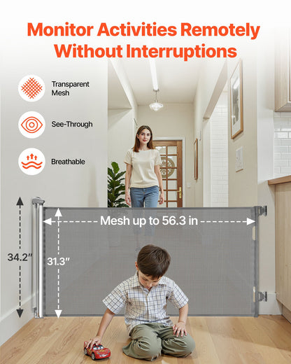 Retractable Baby Gate, Extends to 56.3 inch Wide, 31.3 inch Tall, with Security Lock, Easy to Use, Walk Through Without Tripping, Mesh Dog Gate for Stairs, Hallways, Indoor/Outdoor, Gray