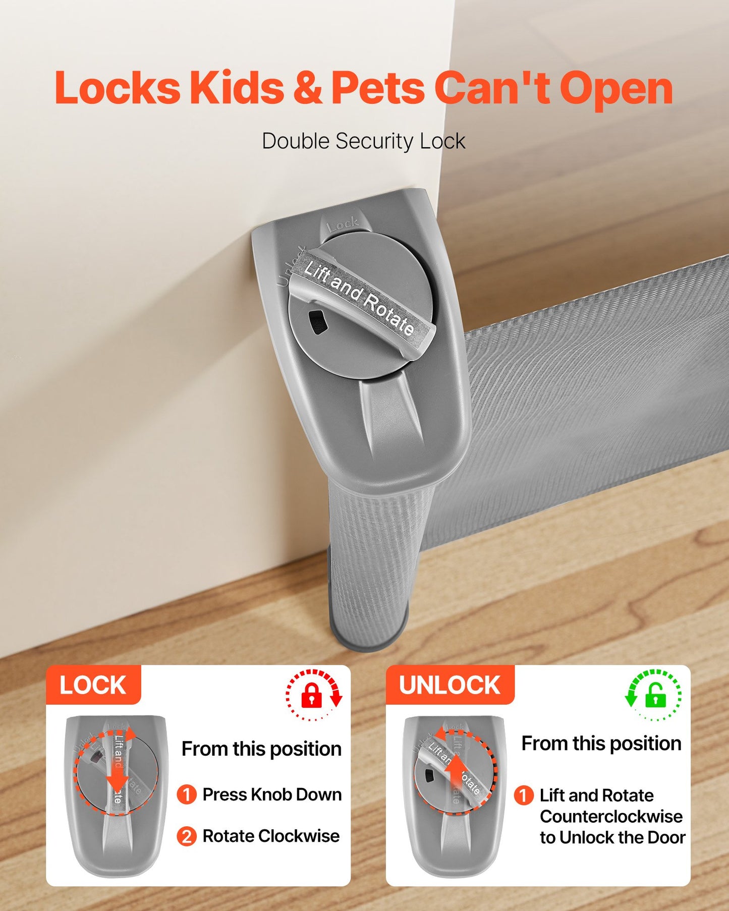 Retractable Baby Gate, Extends to 56.3 inch Wide, 31.3 inch Tall, with Security Lock, Easy to Use, Walk Through Without Tripping, Mesh Dog Gate for Stairs, Hallways, Indoor/Outdoor, Gray