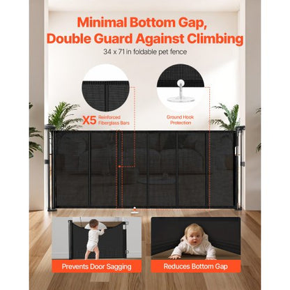 Einziehbares Babygitter 870 mm hoch Ausziehbar auf 1800 mm Breite Kinder Haustiere Schwarz | EU