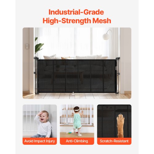 Einziehbares Babygitter 870 mm hoch Ausziehbar auf 1800 mm Breite Kinder Haustiere Schwarz | EU