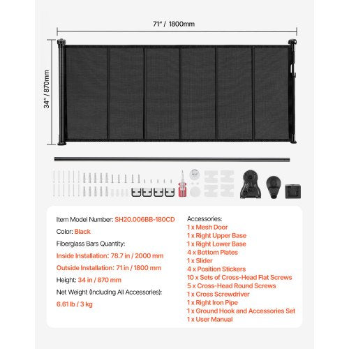 Einziehbares Babygitter 870 mm hoch Ausziehbar auf 1800 mm Breite Kinder Haustiere Schwarz | EU