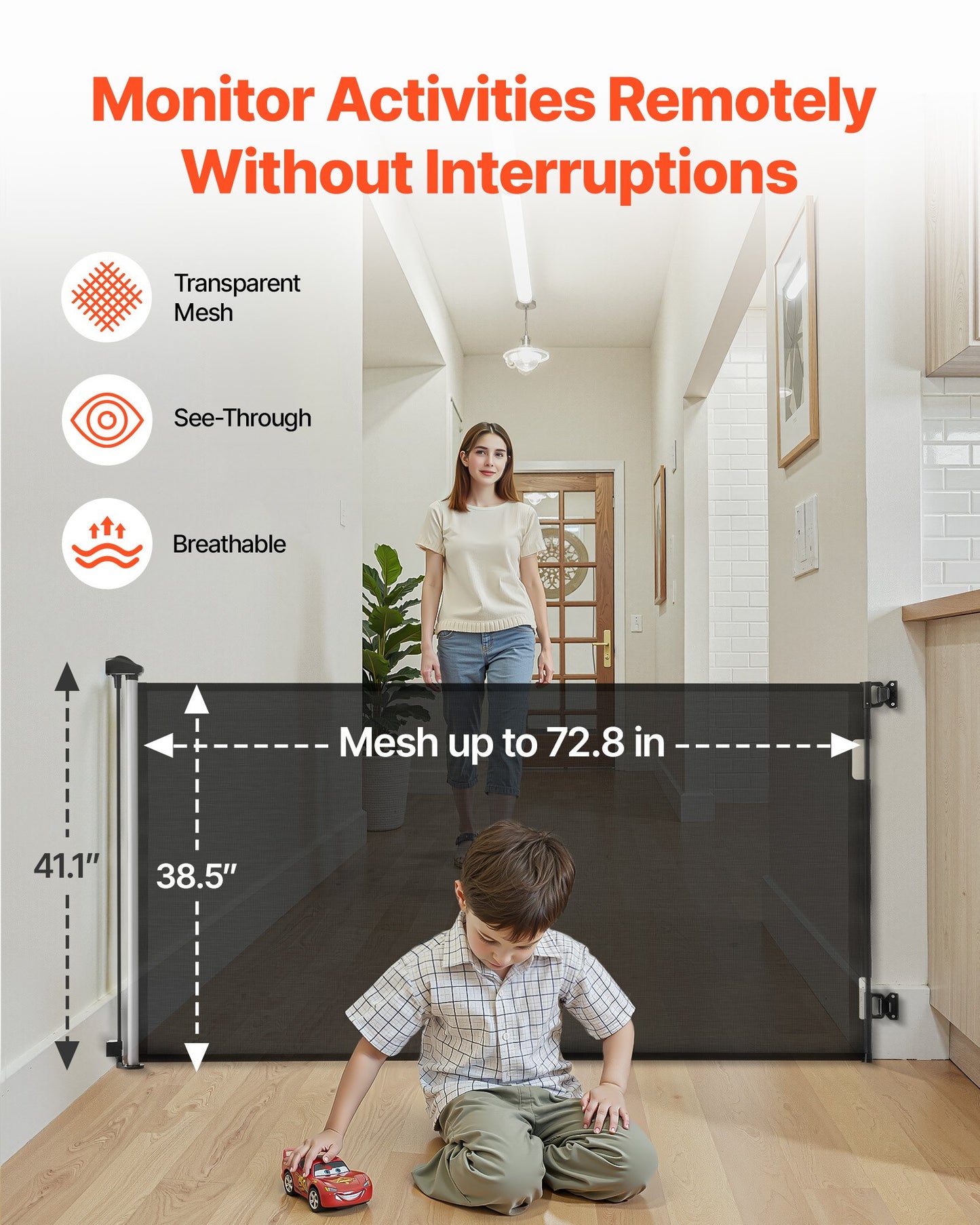 Retractable Baby Gate, Extends to 72.8 inch Wide, 38.5 inch Tall, with Security Lock, Easy to Use, Walk Through Without Tripping, Mesh Dog Gate for Stairs, Hallways, Indoor/Outdoor, Black