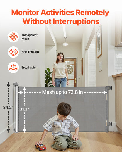 Retractable Baby Gate, Extends to 72.8 inch Wide, 31.3 inch Tall, with Security Lock, Easy to Use, Walk Through Without Tripping, Mesh Dog Gate for Stairs, Hallways, Indoor/Outdoor, Gray