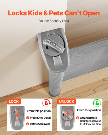 Retractable Baby Gate, Extends to 72.8 inch Wide, 31.3 inch Tall, with Security Lock, Easy to Use, Walk Through Without Tripping, Mesh Dog Gate for Stairs, Hallways, Indoor/Outdoor, Gray