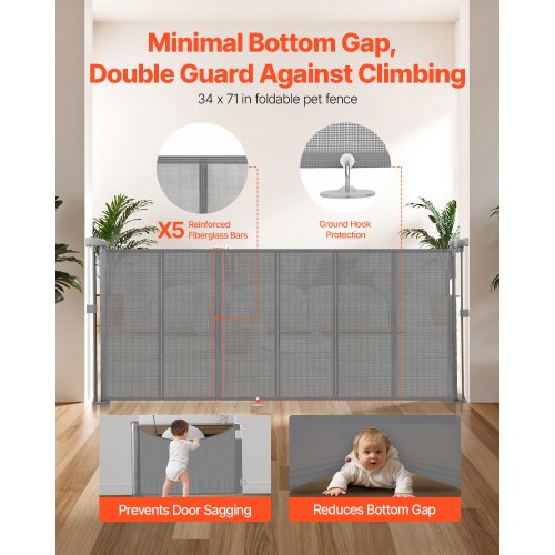 Einziehbares Babygitter 870 mm hoch Ausziehbar auf 1800 mm Breite Kinder Haustiere Grau | EU