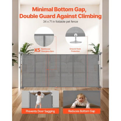 Einziehbares Babygitter 870 mm hoch Ausziehbar auf 1800 mm Breite Kinder Haustiere Grau | EU