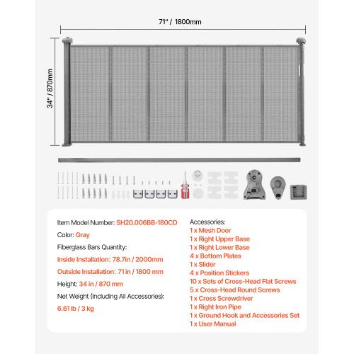 Einziehbares Babygitter 870 mm hoch Ausziehbar auf 1800 mm Breite Kinder Haustiere Grau | EU