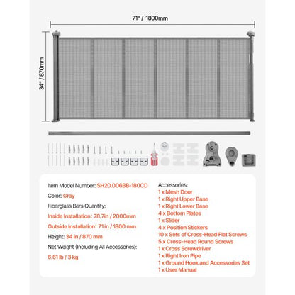 Einziehbares Babygitter 870 mm hoch Ausziehbar auf 1800 mm Breite Kinder Haustiere Grau | EU