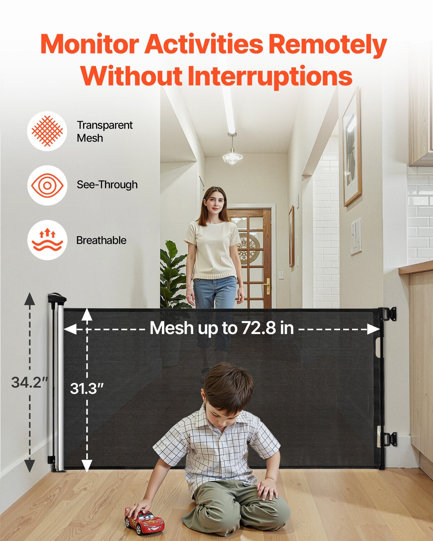 Retractable Baby Gate, Extends to 72.8 inch Wide, 31.3 inch Tall, with Security Lock, Easy to Use, Walk Through Without Tripping, Mesh Dog Gate for Stairs, Hallways, Indoor/Outdoor, Black