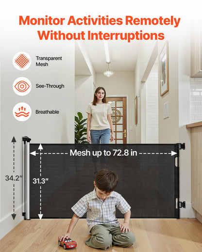 Retractable Baby Gate, Extends to 72.8 inch Wide, 31.3 inch Tall, with Security Lock, Easy to Use, Walk Through Without Tripping, Mesh Dog Gate for Stairs, Hallways, Indoor/Outdoor, Black