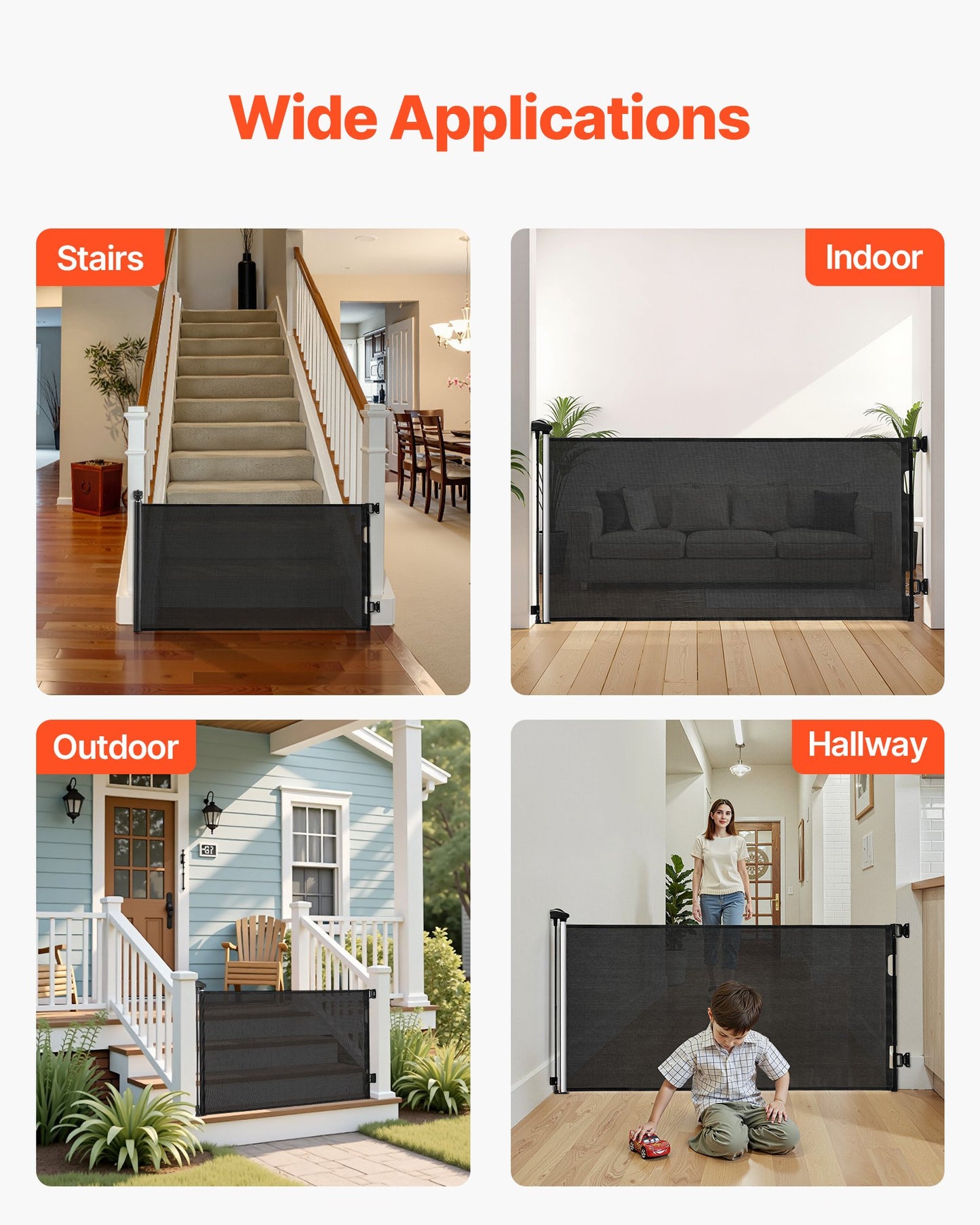 Retractable Baby Gate, Extends to 72.8 inch Wide, 31.3 inch Tall, with Security Lock, Easy to Use, Walk Through Without Tripping, Mesh Dog Gate for Stairs, Hallways, Indoor/Outdoor, Black