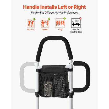 Sänggrind för äldre, Sängstöd med sidohandtag och PU-ledstång, Höjdjusterbar sängkäpp i kolstål, Sängstänger för seniorer och patienter, Passar King, Queen, Full, Twin |  EU