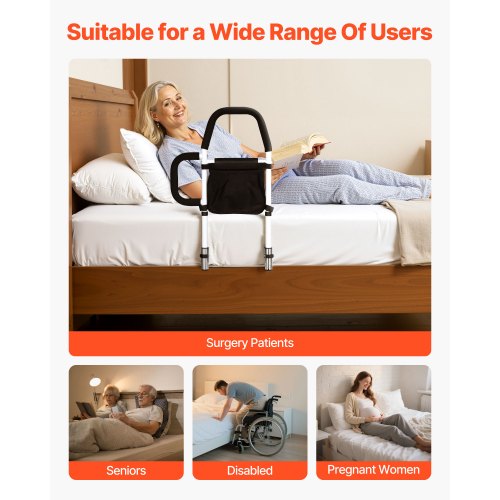 Sänggrind för äldre, Sängstöd med sidohandtag och PU-ledstång, Höjdjusterbar sängkäpp i kolstål, Sängstänger för seniorer och patienter, Passar King, Queen, Full, Twin |  EU