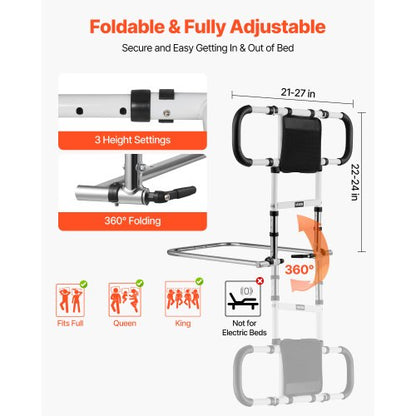 Sänggrind för äldre, hopfällbar och utdragbar sängstödgrind med sidohandtag och PU-ledstång, justerbar höjd för sängkant i kolstål, passar sänggrind för seniorer, queen size-säng, dubbelsäng och twin-säng |  EU