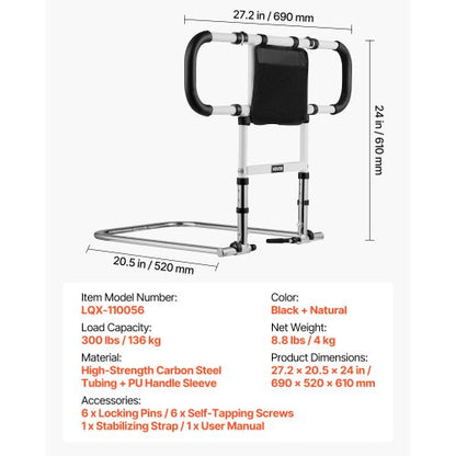 Sänggrind för äldre, hopfällbar och utdragbar sängstödgrind med sidohandtag och PU-ledstång, justerbar höjd för sängkant i kolstål, passar sänggrind för seniorer, queen size-säng, dubbelsäng och twin-säng |  EU