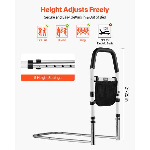 Sänggrind för äldre, Sängstöd med PU-ledstång, Höjdjusterbar sängstång med rör, Sängstänger i höghållfast kolstål för seniorer och patienter, Passar King, Queen, Full, Twin |  EU