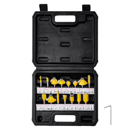 Router Bits Set, 15 Pieces, Carbide Router Bit Kit with 1/4 Inch Shank, Plastic Carrying Case, Woodworking Tools for Professional and Beginners Carpenter, for Wood MDF Particle Board Plywood