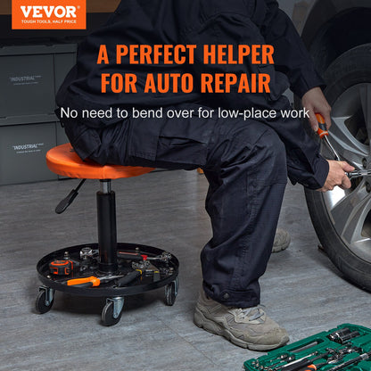 Mechanikerhocker, 250 Pfund rollender pneumatischer Kriech-Garage-/Werkstattsitz, höhenverstellbar 22 Zoll - 28 Zoll gepolsterter rollender Werkstatthocker mit Werkzeugablage, für Garage, Werkstatt, Autoreparatur, Schwarz + Orange