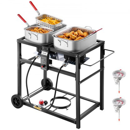 Outdoor Propane Deep Fryer, Dual-Tank 18QTx2 Commercial Fryer, Multi-Purpose Portable Frying Cart with Wheel, 3 Basket, 2 Thermometer, Stainless Steel Cooker for Fish Fry Wings Fries, 40,000 BTU