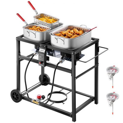 Outdoor Propane Deep Fryer, Dual-Tank 18QTx2 Commercial Fryer, Multi-Purpose Portable Frying Cart with Wheel, 3 Basket, 2 Thermometer, Stainless Steel Cooker for Fish Fry Wings Fries, 40,000 BTU