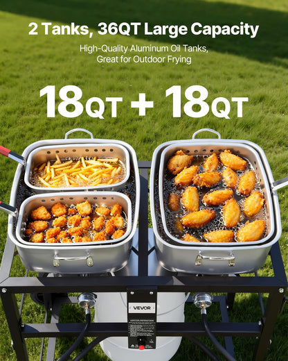Outdoor Propane Deep Fryer, Dual-Tank 18QTx2 Commercial Fryer, Multi-Purpose Portable Frying Cart with Wheel, 3 Basket, 2 Thermometer, Stainless Steel Cooker for Fish Fry Wings Fries, 40,000 BTU