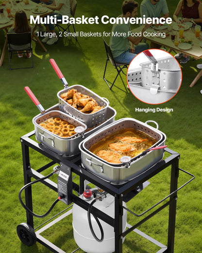 Outdoor Propane Deep Fryer, Dual-Tank 18QTx2 Commercial Fryer, Multi-Purpose Portable Frying Cart with Wheel, 3 Basket, 2 Thermometer, Stainless Steel Cooker for Fish Fry Wings Fries, 40,000 BTU