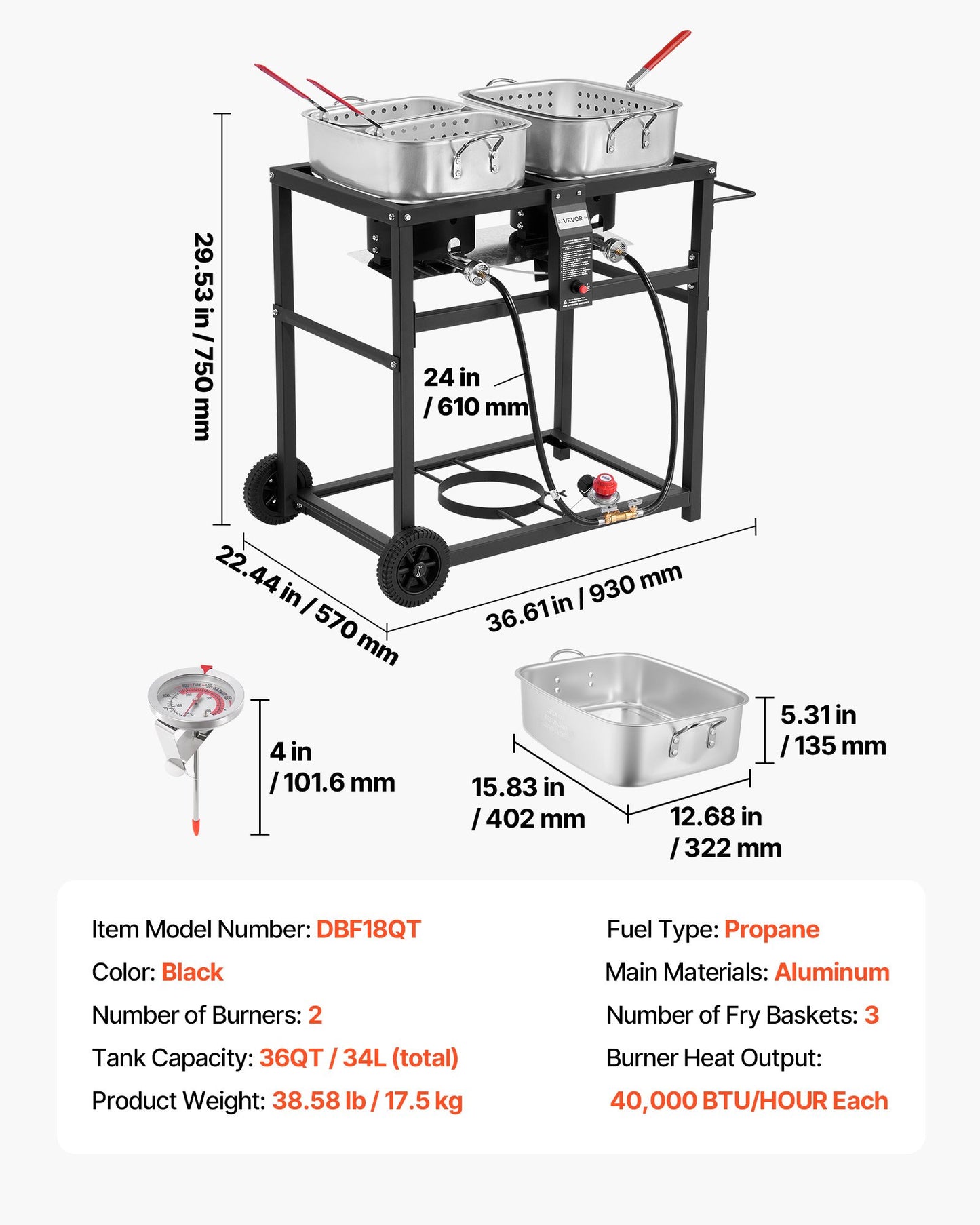 Outdoor Propane Deep Fryer, Dual-Tank 18QTx2 Commercial Fryer, Multi-Purpose Portable Frying Cart with Wheel, 3 Basket, 2 Thermometer, Stainless Steel Cooker for Fish Fry Wings Fries, 40,000 BTU