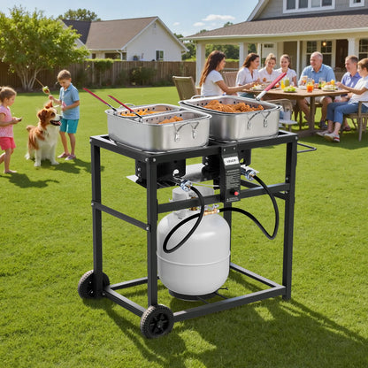 Outdoor Propane Deep Fryer, Dual-Tank 18QTx2 Commercial Fryer, Multi-Purpose Portable Frying Cart with Wheel, 3 Basket, 2 Thermometer, Stainless Steel Cooker for Fish Fry Wings Fries, 40,000 BTU