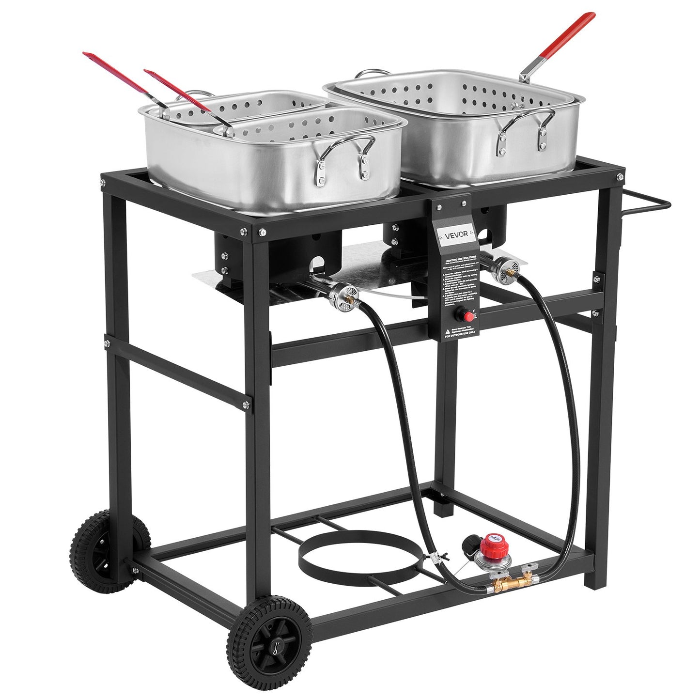 Outdoor Propane Deep Fryer, Dual-Tank 18QTx2 Commercial Fryer, Multi-Purpose Portable Frying Cart with Wheel, 3 Basket, 2 Thermometer, Stainless Steel Cooker for Fish Fry Wings Fries, 40,000 BTU